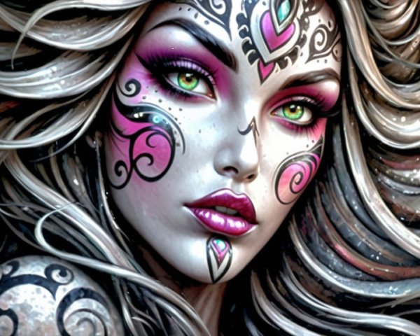 Close-up of a woman with colorful face paint and hair