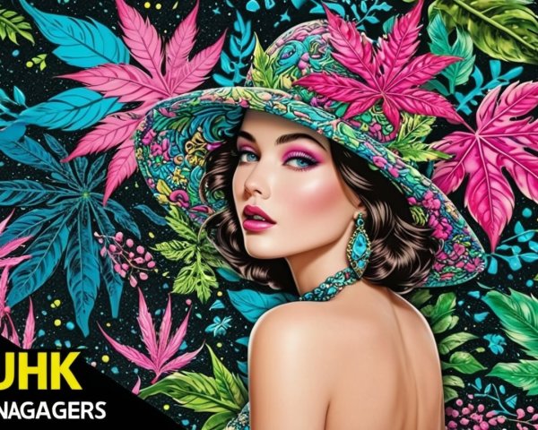 Vibrant Illustration of Woman in Colorful Hat and Leaves