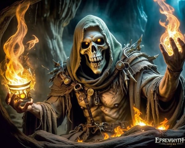 Mysterious Figure in Dark Cave with Fiery Flames