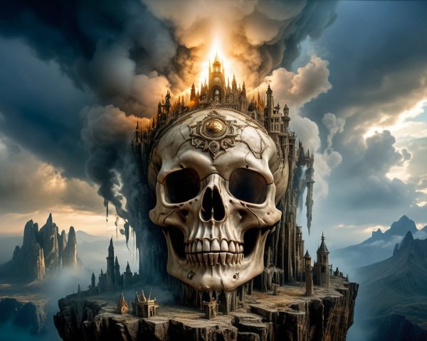 Surreal landscape with colossal skull and gothic castle
