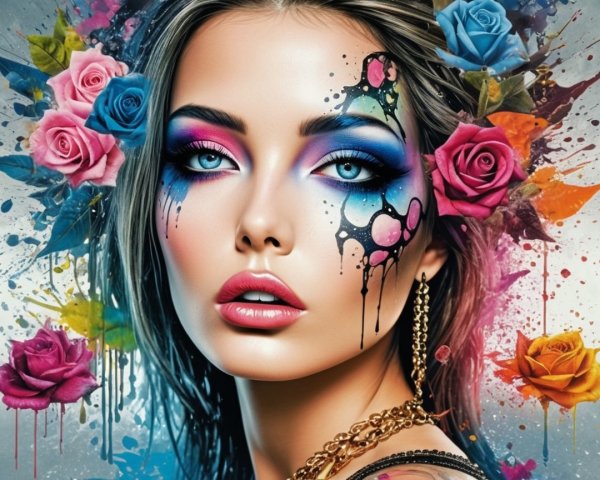 Portrait of a woman with vibrant makeup and roses