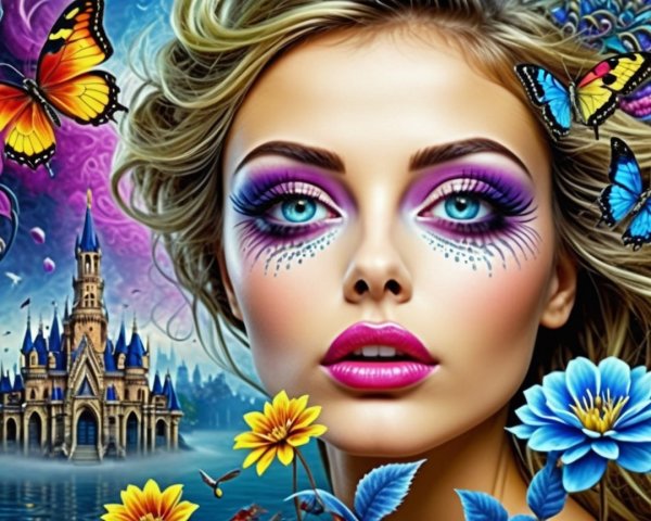 Enchanting Scene of a Young Woman with Butterflies