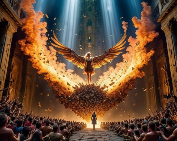 Majestic figure with wings in fiery explosion scene