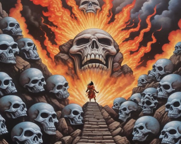 Dramatic Scene of Figure and Colossal Flaming Skull