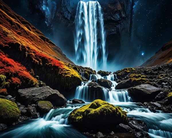 Waterfall Surrounded by Foliage and Starry Sky