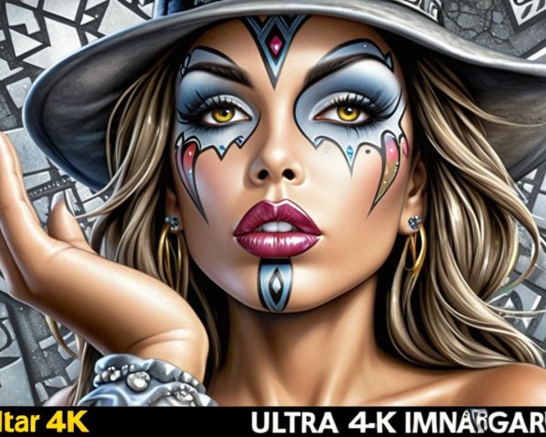 Striking Woman with Intricate Face Paint and Bold Makeup