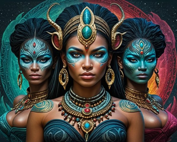 Mystical Figures with Jewelry and Vibrant Face Paint