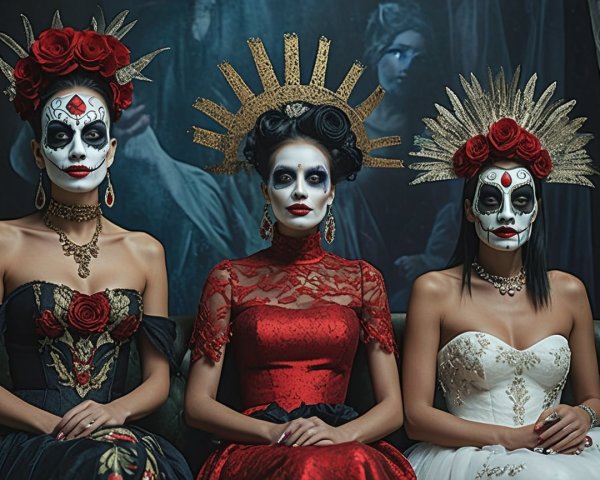 Elegant Women in Sugar Skull Makeup and Vibrant Dresses