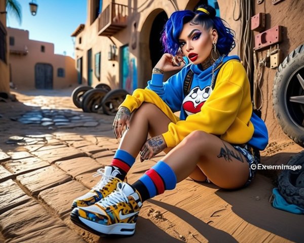 Stylish Individual in Sunlit Alley with Vibrant Hair