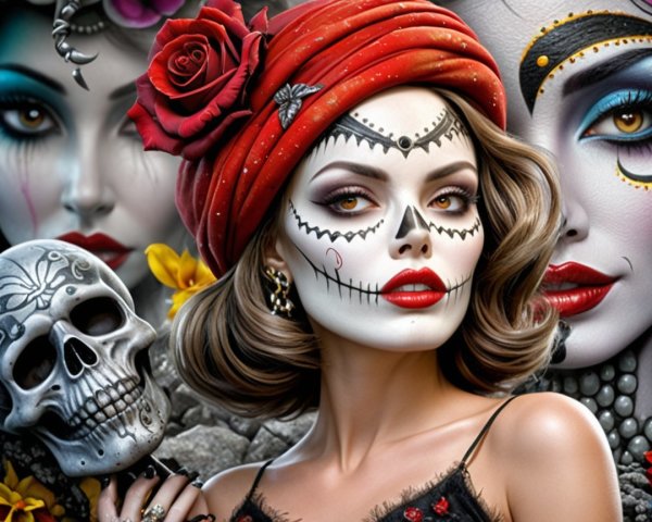 Vibrant Woman in Day of the Dead Makeup and Turban