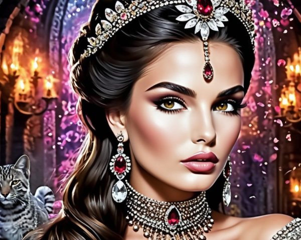 Elegant portrait of a woman with jewelry and cat