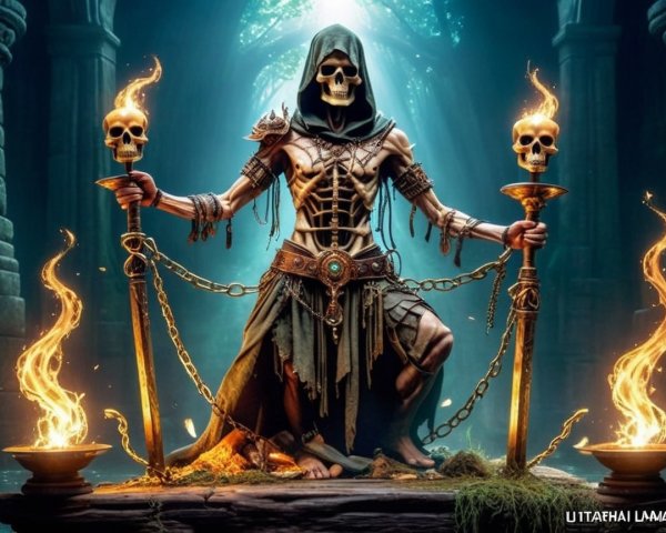 Skeletal Figure in Dark Robes Surrounded by Flames