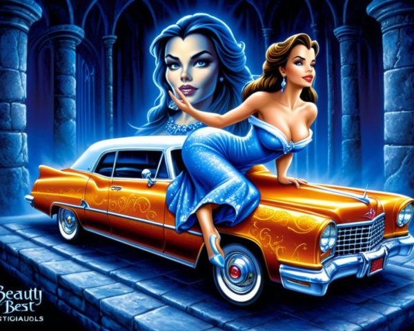 Woman in Blue Dress on Vintage Car in Gothic Setting