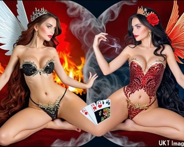 Women with Wings in Fire and Darkness Backdrop