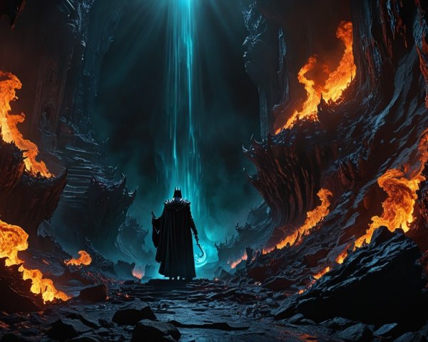 Mysterious Figure in Fiery Cavern with Glowing Lava