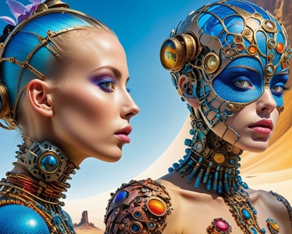 Futuristic Figures in Surreal Desert Landscape