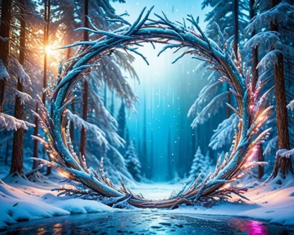 Vibrant Winter Woodland Scene with Icy Bramble Archway