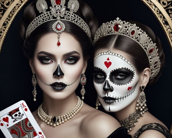 Elegant Women in Gothic Setting with Skull Makeup