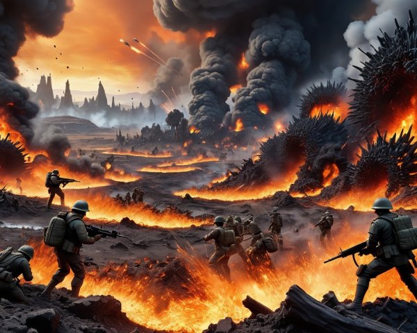 Soldiers Battle Monstrous Creatures in Volcanic Chaos