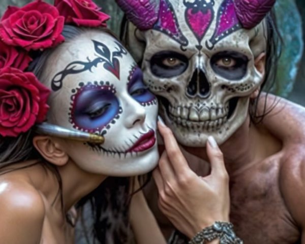 Day of the Dead Makeup with Floral Headpiece and Mask