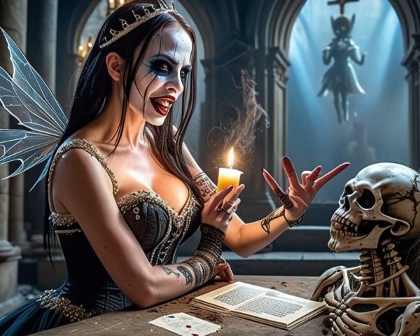 Gothic Scene of Woman with Fairy Wings and Skeleton