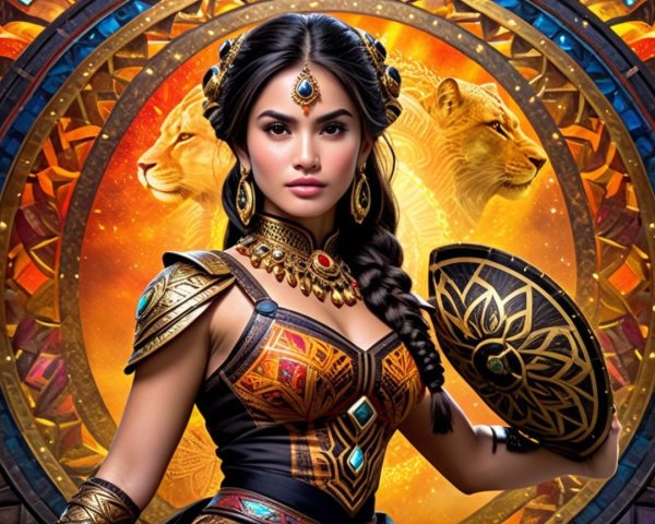 Fierce Warrior Woman in Ornate Armor and Jewelry