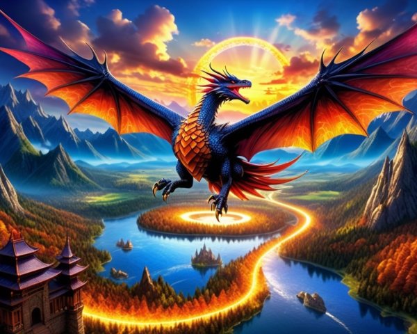 Majestic dragon soaring over vibrant landscape at sunset