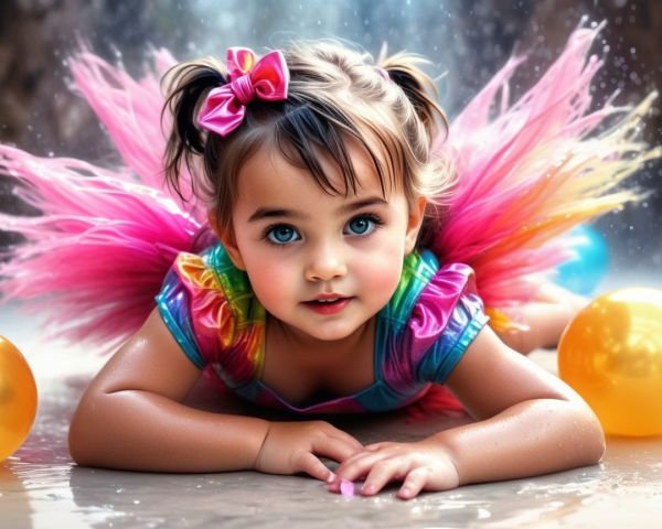 Young girl in rainbow costume among colorful balloons