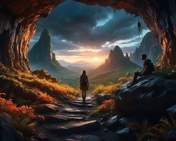 Cave Entrance Overlooking Sunset and Rugged Mountains