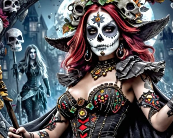 Character in Intricate Attire with Sugar Skull Face