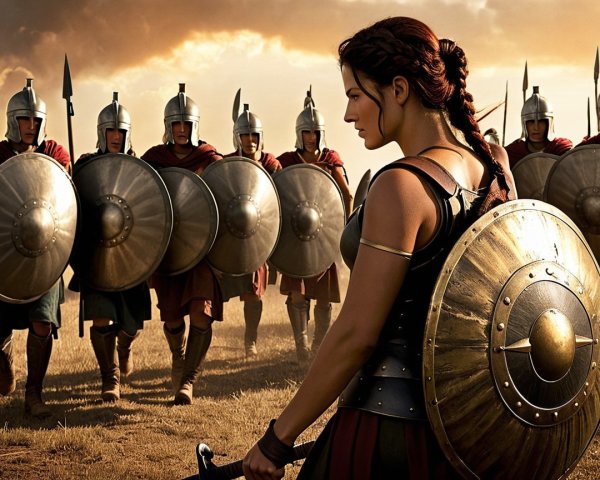 Fierce Warrior Woman with Armored Soldiers in Battle Scene