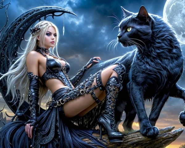 Mystical Woman and Black Cat in Moonlit Scene