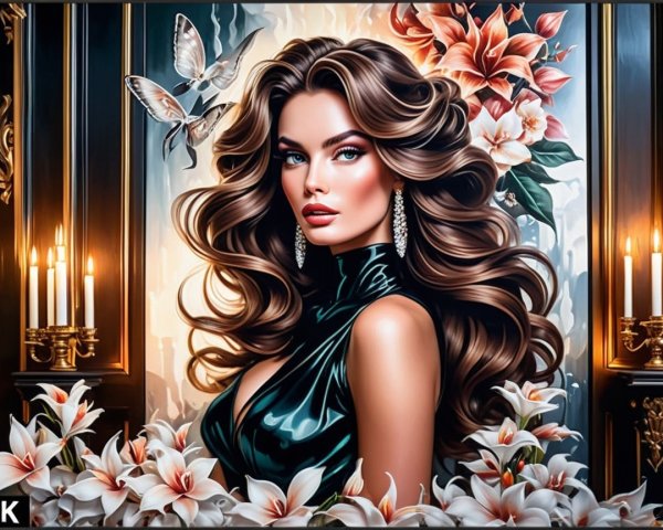 Glamorous Woman Portrait with Lilies and Butterflies