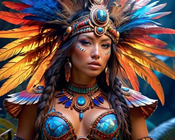 Portrait of a Woman in Feathered Headgear and Jewelry