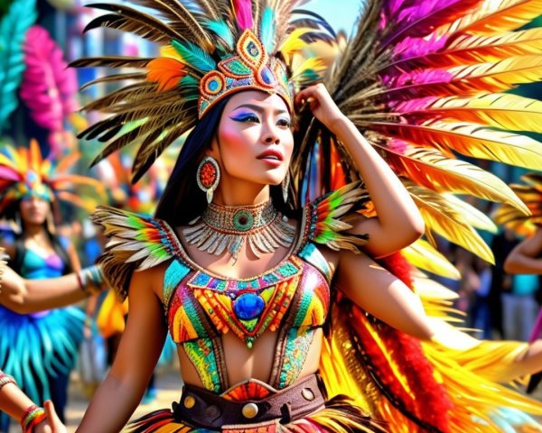 Vibrant Parade with Colorful Dancer in Feather Costume