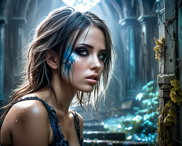 Young woman in mystical setting with tribal face tattoo