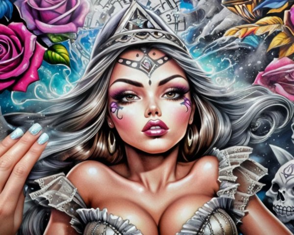 Detailed Artwork of a Woman with Silver Hair and Roses