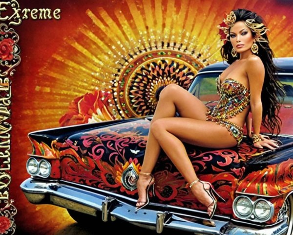 Glamorous Woman on Vintage Car with Colorful Outfit