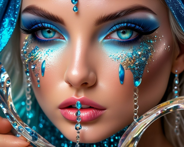 Close-up of a woman with blue eyes and dramatic makeup