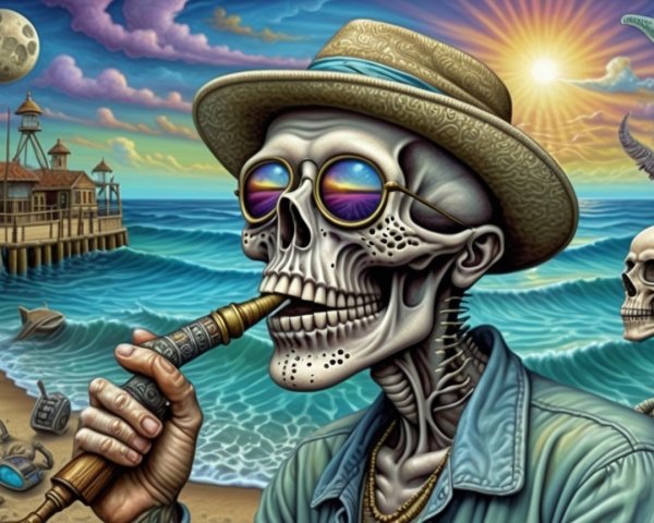 Surreal Beach Scene with Skeletons and Turquoise Waves