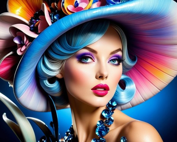 Glamorous Woman with Vibrant Blue Hair and Hat