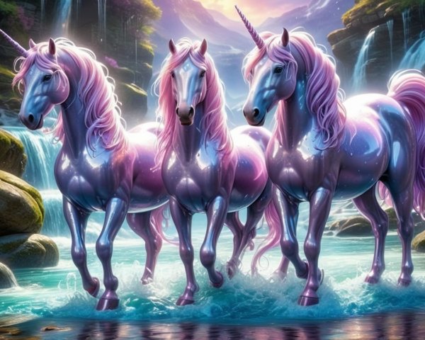Three Unicorns by a Tranquil Waterfall Scene