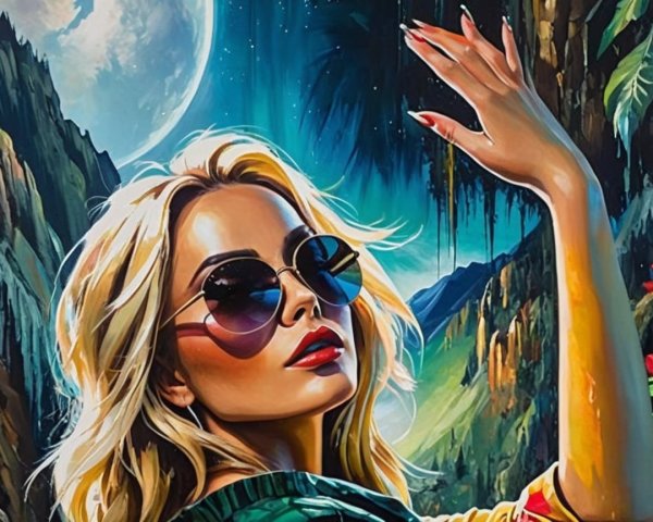 Surreal Landscape with Glamorous Woman and Moon