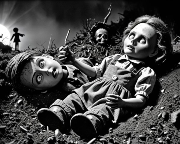 Eerie Black-and-White Scene with Dolls and Shadows