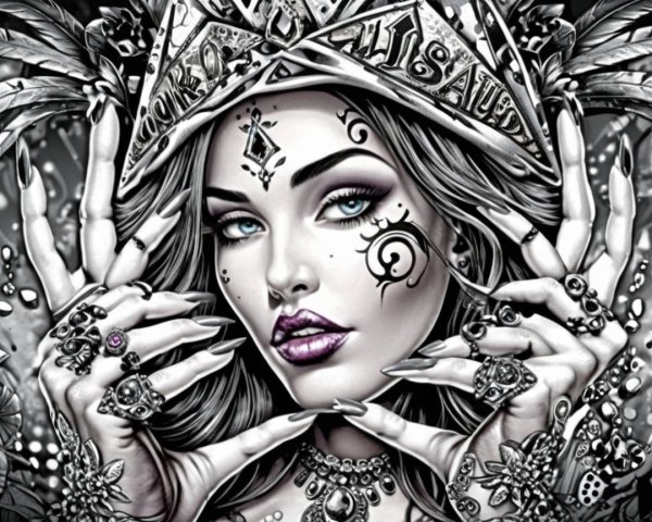 Black and white illustration of a mysterious woman