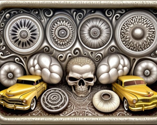 Vintage Yellow Cars and Skull with Intricate Patterns