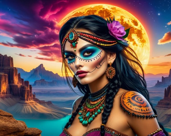 Woman in Traditional Attire Against Dramatic Landscape