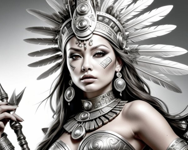 Female figure in silver armor with feathered headdress