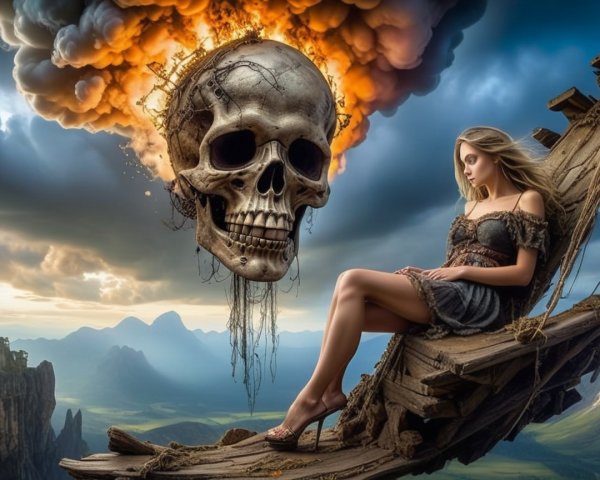 Surreal Scene of Woman and Fiery Skull in Landscape
