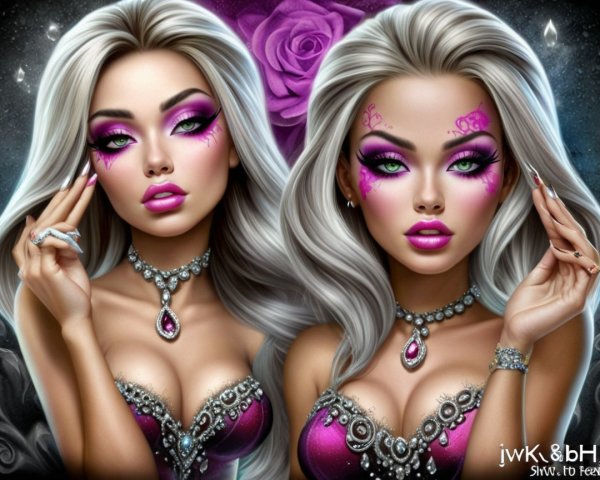 Glamorous Identical Twins with Silver Hair and Green Eyes
